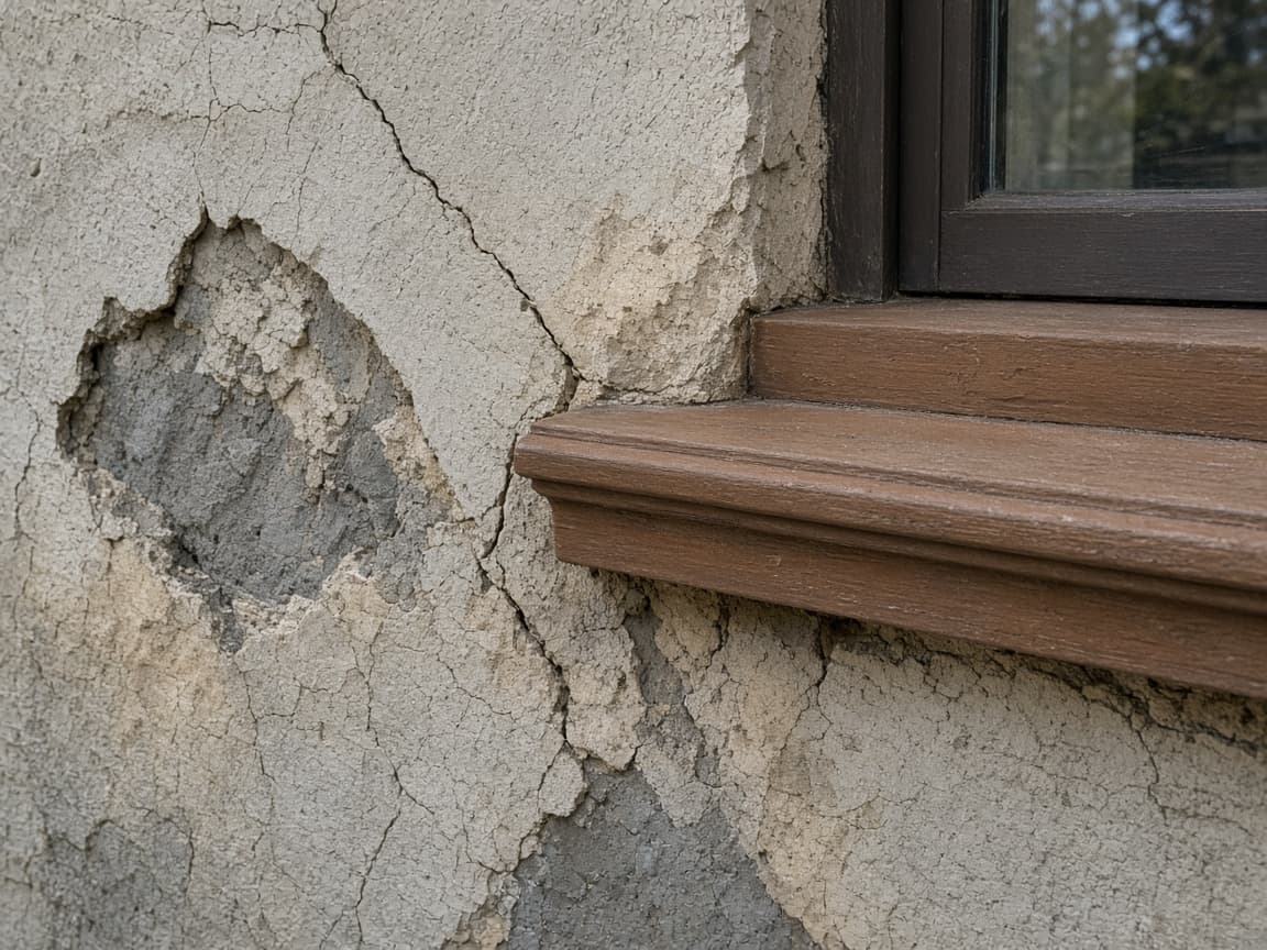 Example of weathered render at a window corner of the kind inspected on a visit (1)